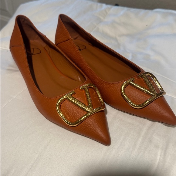 Valentino Orange Leather Flats with Gold Accent - Picture 3 of 7